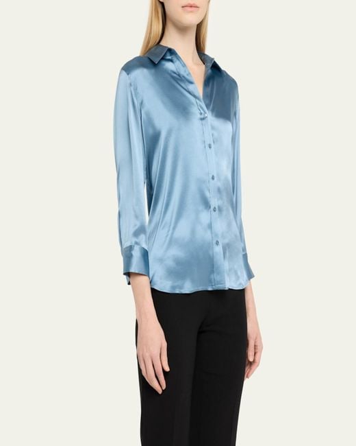L'Agence Blue Dani Silk Satin 3/4-Sleeve Button-Down Blouse