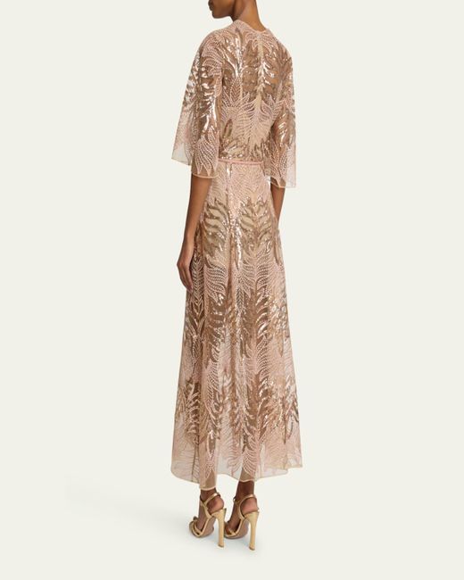 Elie Saab Natural Sequin Embroidered Tulle Midi Dress