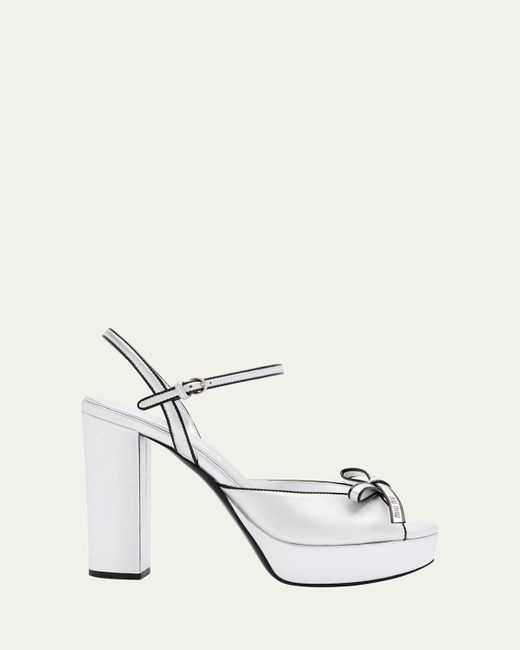 Miu Miu White Metallic Leather Bow Peep-Toe Platform Sandals