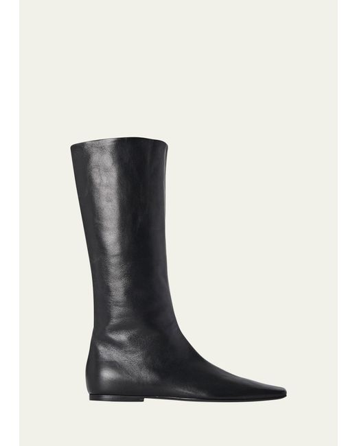 The Row Black Bette Leather Flat Mid Boots