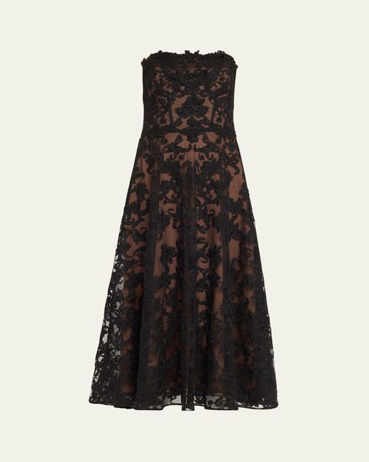 Marchesa Black Strapless A-Line Lace Midi Dress