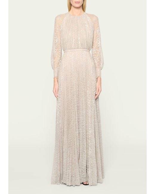 Erdem White Floral Metallic Lace Pleated Gown With Belt