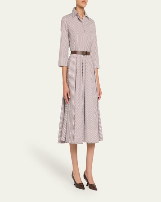 Michael Kors Pink 3/4-Sleeve Striped Midi Shirtdress With Belt