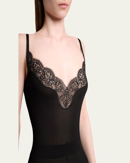 Saint Laurent Lace-Trim Ribbed Mini Tank Dress in Black | Lyst Saint Laurent Lace-Trim Ribbed Mini Tank Dress in Black | Lyst