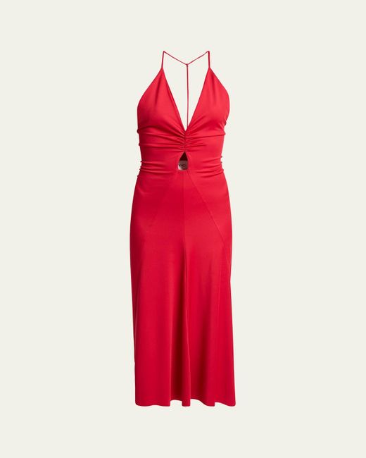 Victoria Beckham Red V-Neck Ruched Cami Midi Dress