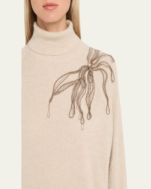 Brunello Cucinelli Natural Cashmere Turtleneck With Monili Flower Detail