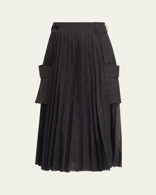 Sacai Black Glen Pleated Check-Print Midi Skirt
