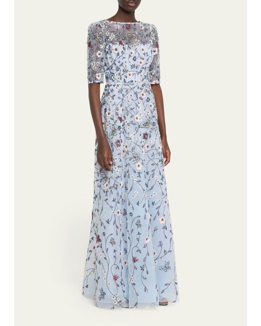 Teri Jon Blue Floral-embroidered Applique Tulle Gown