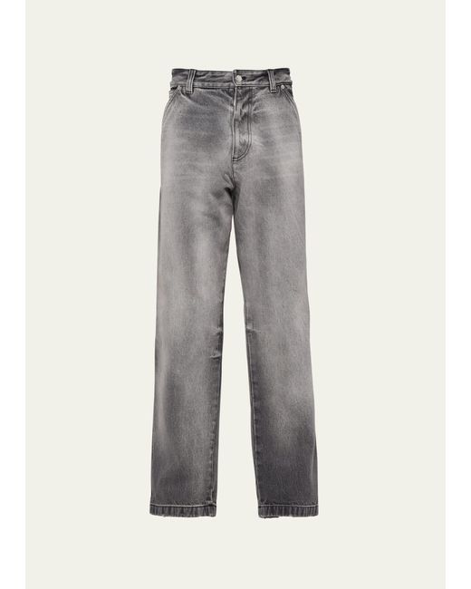 Prada Gray Baggy Faded Triangle Logo Jeans for men