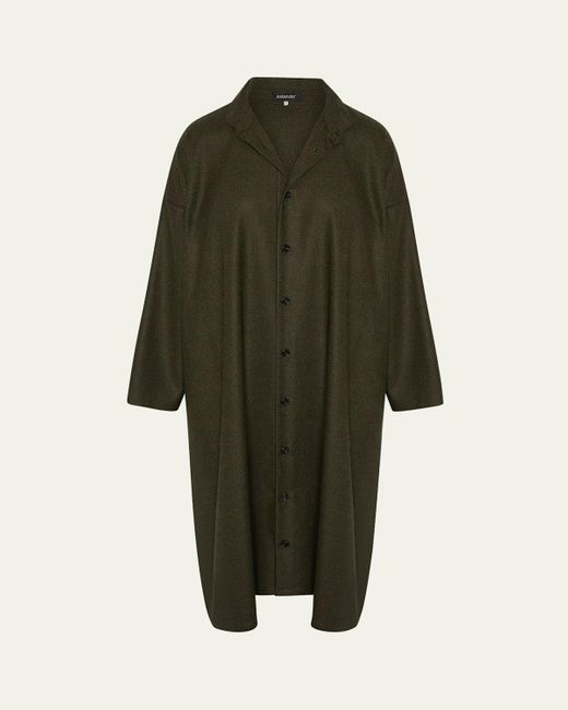 Eskandar Green Wide A-Line Shirtdress With Double-Stand Collar