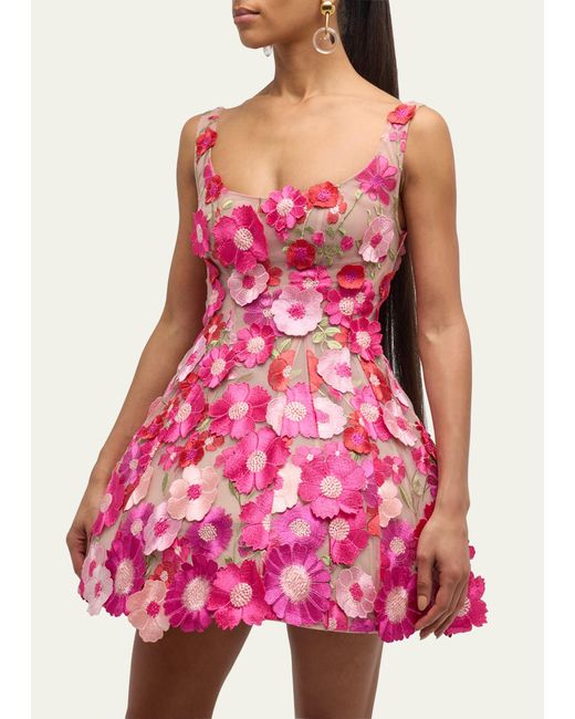 Bronx and Banco Pink Jasmine Floral Applique Fit-&-flare Mini Dress
