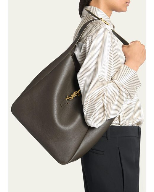 Saint Laurent Black Le 5a7 Large Ysl Shoulder Hobo Bag In Smooth Leather