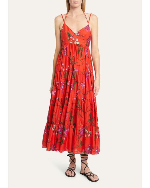 Erdem Floral-print Strappy Ties Tiered Midi Dress