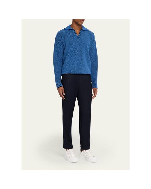Kiton Blue Wool Stretch Pleated Drawstring Trousers for men