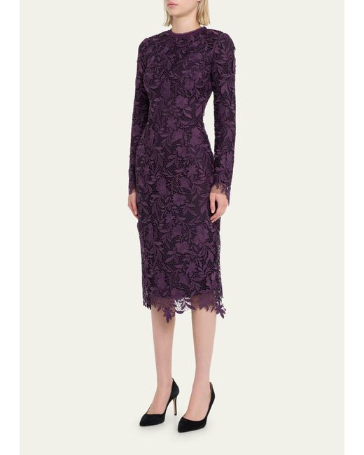 Monique Lhuillier Purple Lace Sheath Midi Day Dress