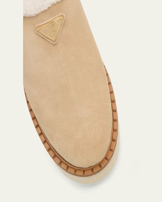 Prada Natural Suede Shearling Cozy Platform Mules