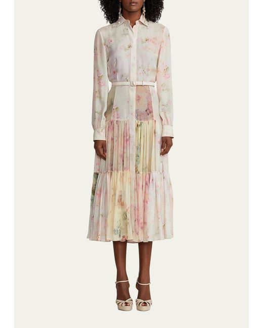 Ralph Lauren Collection Natural Ellasandra Floral Watercolor Tiered Midi Belted Dress