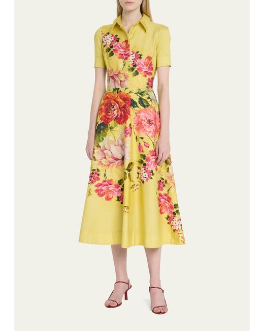 Teri Jon Yellow Floral-print Fit-&-flare Shirtdress