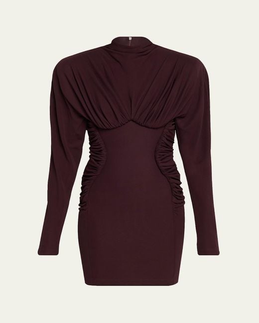 Stella McCartney Purple Pleated High-Neck Long-Sleeve Mini Dress