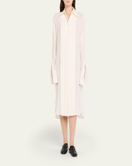 Michael Kors Natural Pleated Placket Silk Georgette Midi Shirtdress