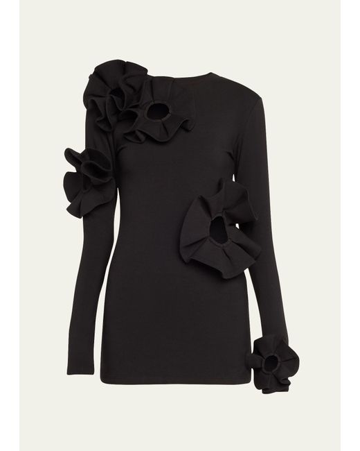 Area Black Cutout Mini Dress With Ruffle Floral Details
