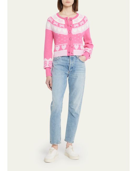 LoveShackFancy Dimples Heart Jacquard Cropped Cardigan in Pink Lyst