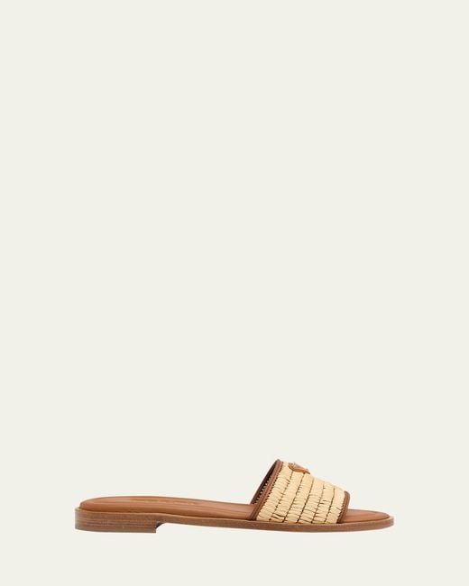 Prada Natural Triangle Logo Raffia Flat Slide Sandals
