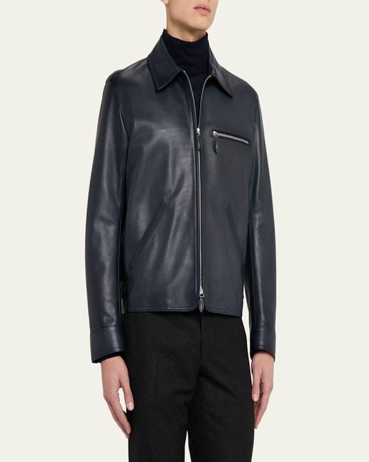 Berluti Blue Full-Zip Leather Jacket for men