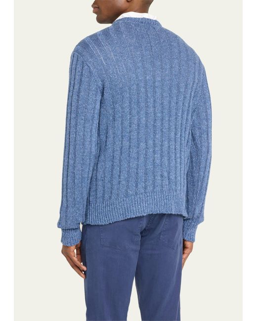 Ralph Lauren Blue Silk Linen Rib Crewneck Pullover for men