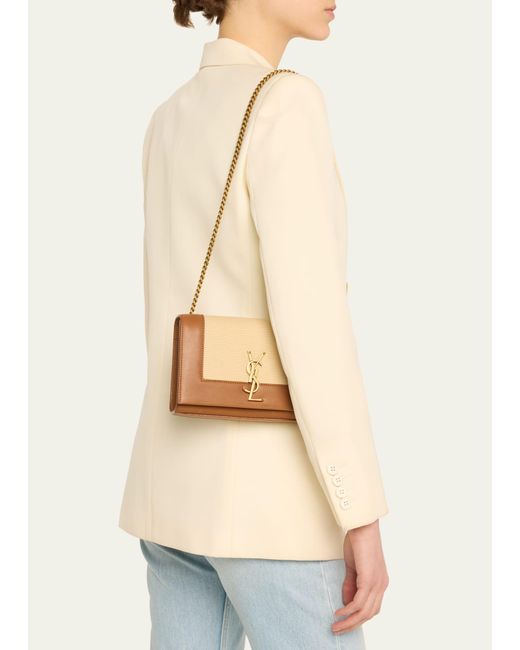 Saint Laurent Natural Kate Small Ysl Wallet On Chain In Linen And Leather