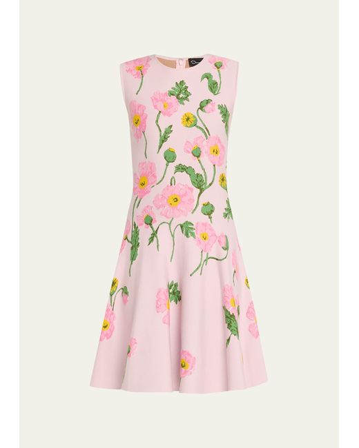 Oscar de la Renta Pink Painted Poppies Jacquard Sleeveless A-line Dress