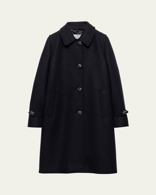 Prada Blue Loden Leather-Button Single-Breasted Wool Coat