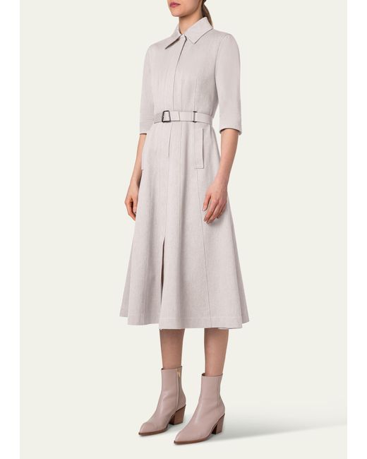 Akris Natural Belted Cotton Denim Midi Dress With Contrast Stitching