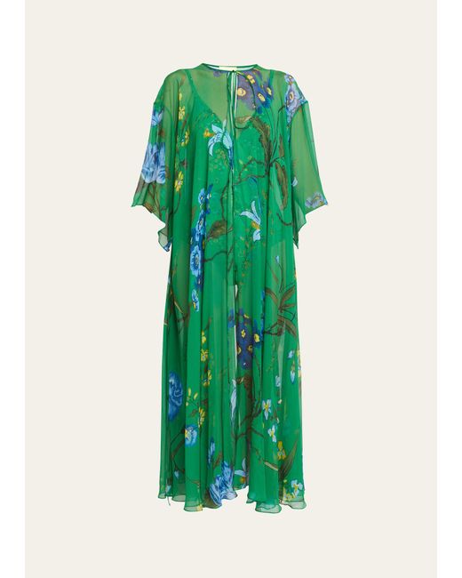 Erdem Green Floral-print Silk Open Maxi Kaftan Dress