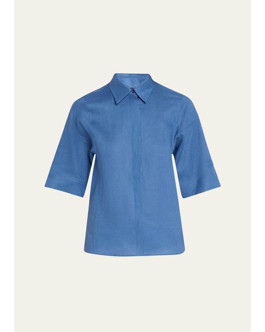Akris Blue Linen Voile Collared Boxy Shirt
