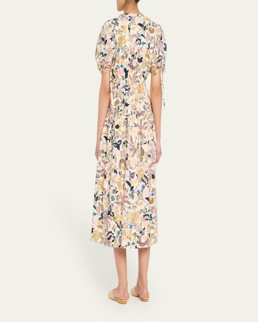 Ulla Johnson Natural Adriana Puff-Sleeve V-Neck Midi Dress