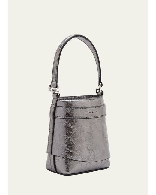 Givenchy Gray Shark Lock Micro Bucket Bag In Metallized Laminated Leather