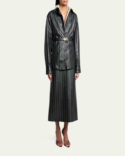 Victoria Beckham Black Pinstripe Kick Midi Leather Skirt