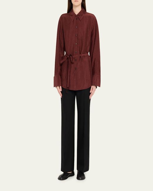 Jason Wu Red Belted Crinkled Silk Button-Down Shirt