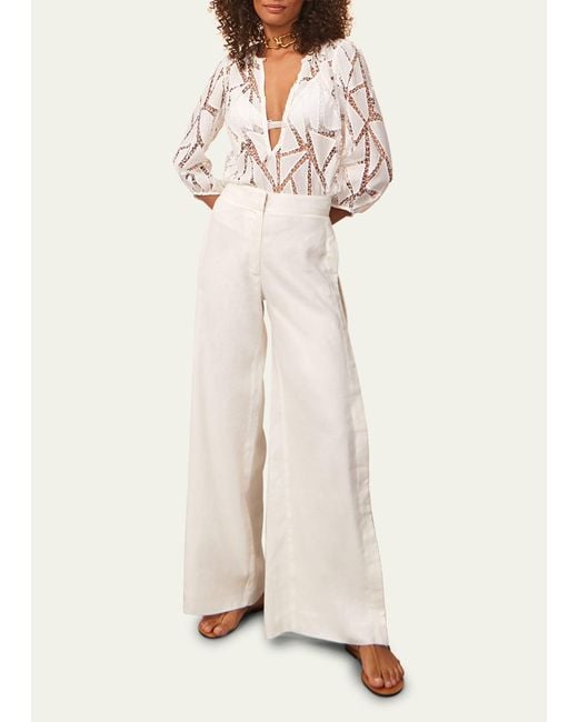 ViX White Solid Bree Geometric Embroidered Pants