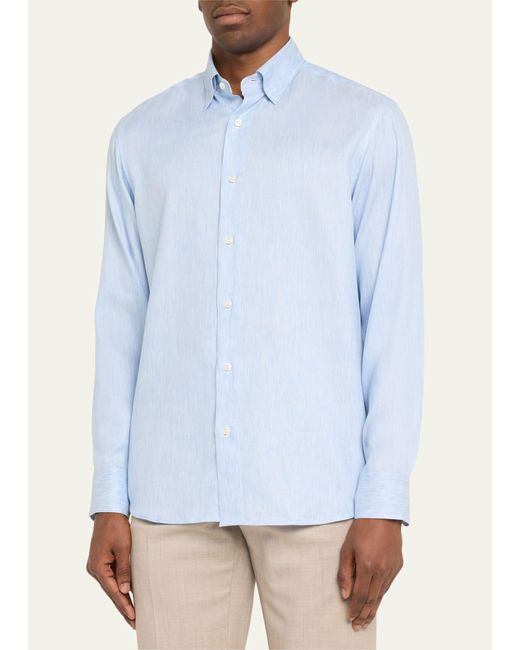 Brioni Blue Cotton-linen Blend Casual Button-down Shirt for men