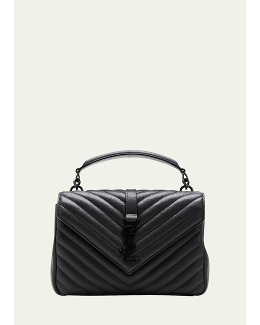 Saint Laurent Black College Medium Flap Ysl Shoulder Bag In Quilted Leather