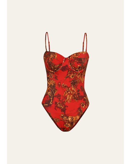 L'Agence Amie Red Jungle Underwire Bandeau One-piece Swimsuit