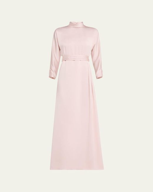 Teri Jon Pink Mock-Neck Crepe Back Satin Gown