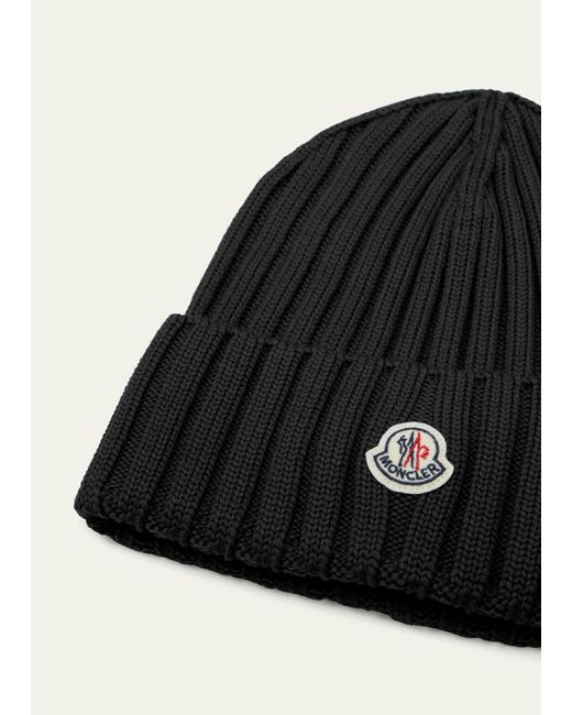 Moncler Black Ribbed Wool Beanie With Logo Patch