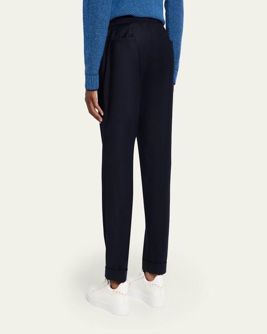 Kiton Blue Wool Stretch Pleated Drawstring Trousers for men