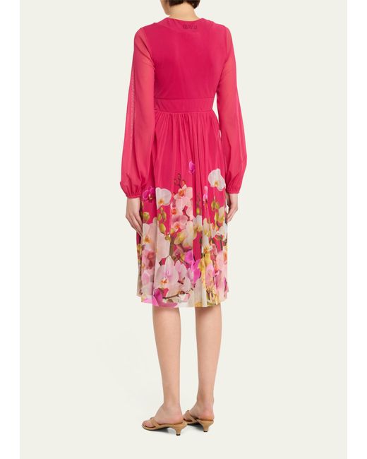 Fuzzi Pink Blouson-sleeve Floral-print Tulle Midi Dress