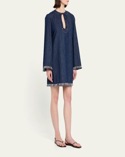 Zimmermann Rhiannon Fringe Denim Mini Dress in Blue | Lyst Zimmermann Rhiannon Fringe Denim Mini Dress in Blue | Lyst