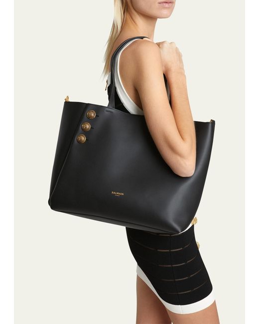 Balmain Black Embleme Shopper Tote Bag In Smooth Leather