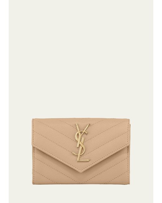 Saint Laurent Natural Ysl Monogram Small Flap Wallet In Grained Leather